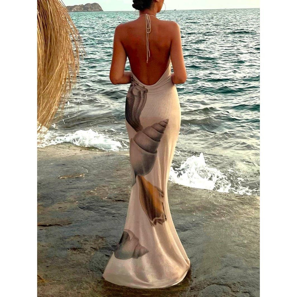 Beach Seashell Print Halterneck Mesh Maxi Dress [Sizes S-L]