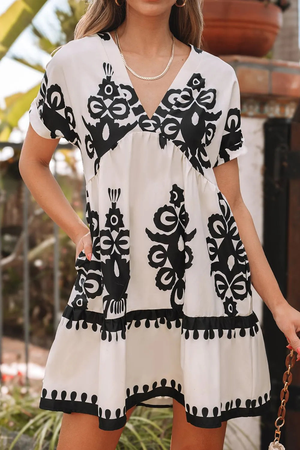 Printed V-Neck Short Sleeve Dress