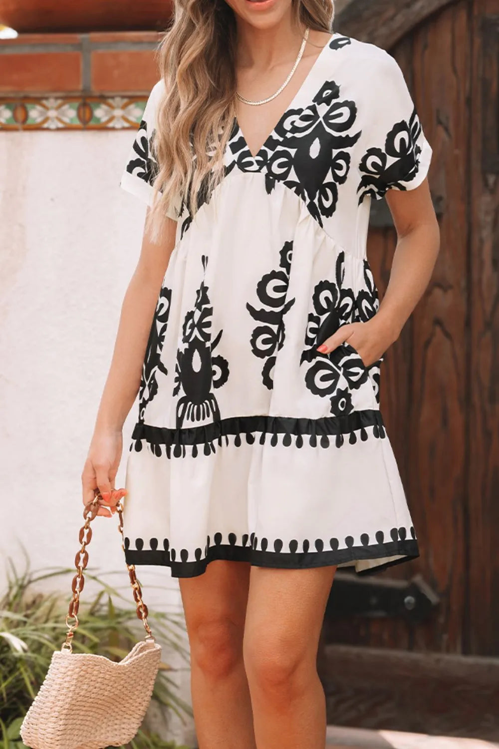 Printed V-Neck Short Sleeve Dress